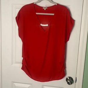 Red work blouse with gold accent and side details, by Lily White, size L